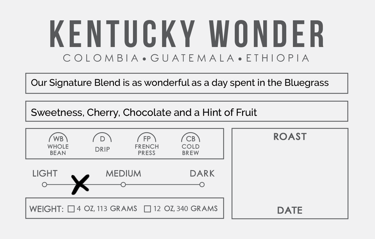 Kentucky Wonder bag label: Colombia, Guatemala, Ethiopia, light roast